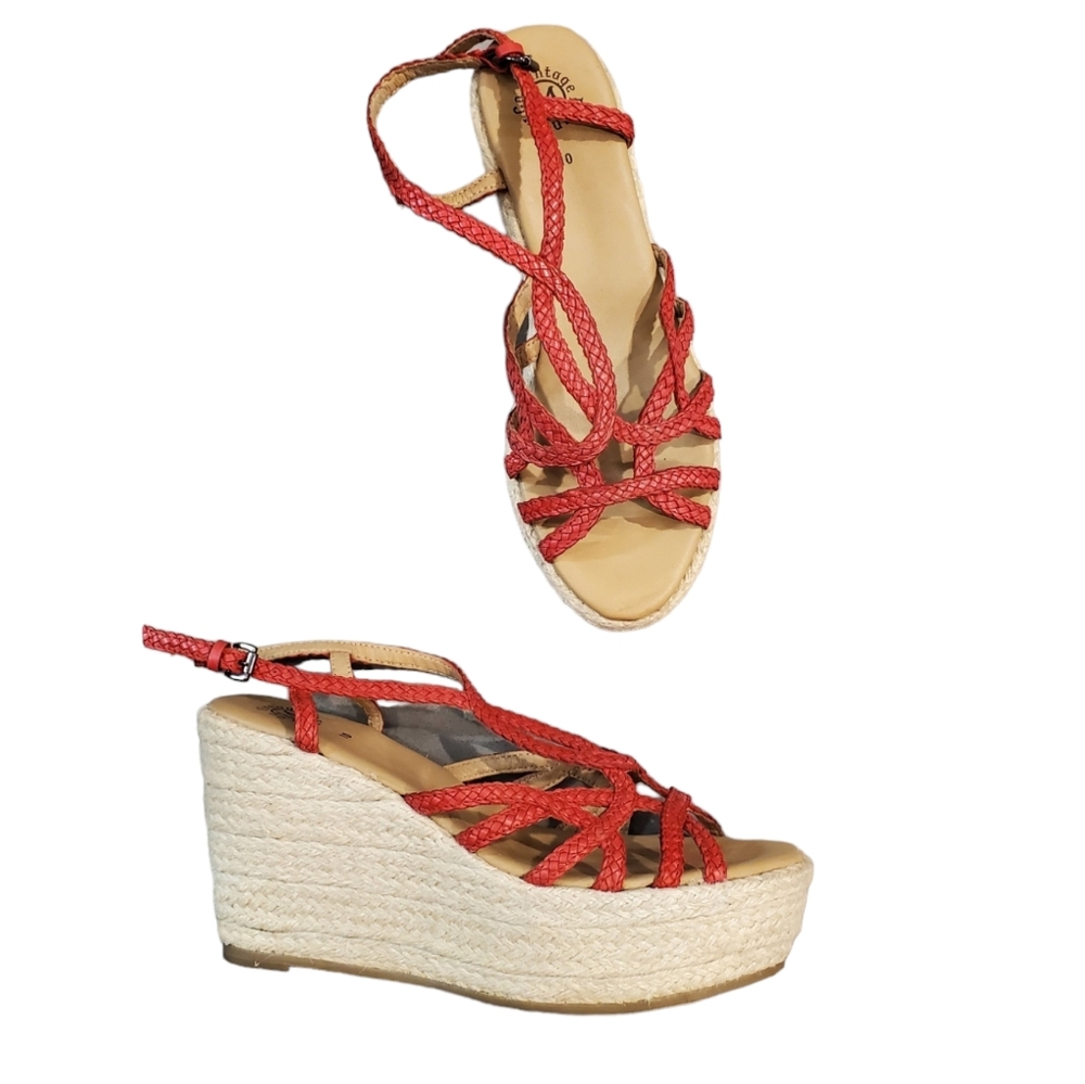 Vintage Foundry Espadrill Sandals Womens Size 10 Red Ankle Straps Wedge Sandals - Picture 2 of 13